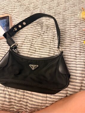 Prada Black Nylon Shoulder Bag with Logo Plaque